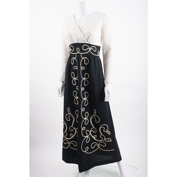 Vintage Womens Hostess Maxi Dress XS S Empire waist Black White Lace Long Sleeve - Picture 4 of 6